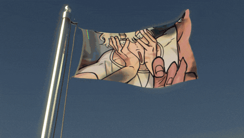 a flag with a picture of a man giving a high five is waving in the wind