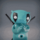 a blue deadpool figurine with two guns in his hands .