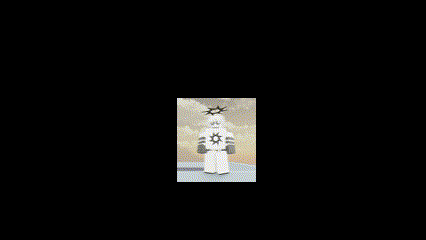 a white robot with a sun on its head is standing on a table .