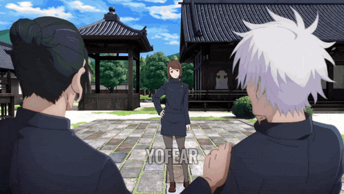 a group of anime characters standing in front of a building with yofear written on the bottom