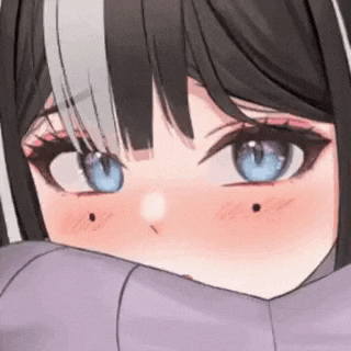 a close up of a anime girl with blue eyes and black hair covering her face with her hand .