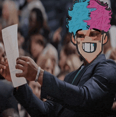 a man in a suit is holding a piece of paper with a cartoon face on it