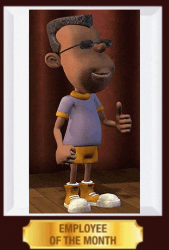a picture of an employee of the month with a cartoon character giving a thumbs up
