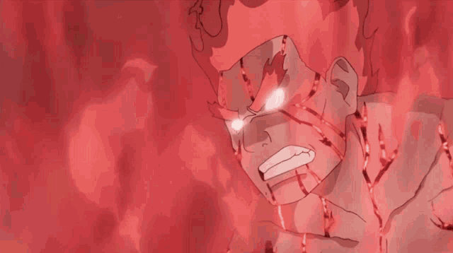 a close up of a person 's face with glowing eyes and a red background .