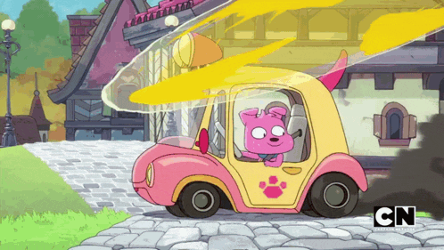 a cartoon of a dog driving a car with cn written on the bottom
