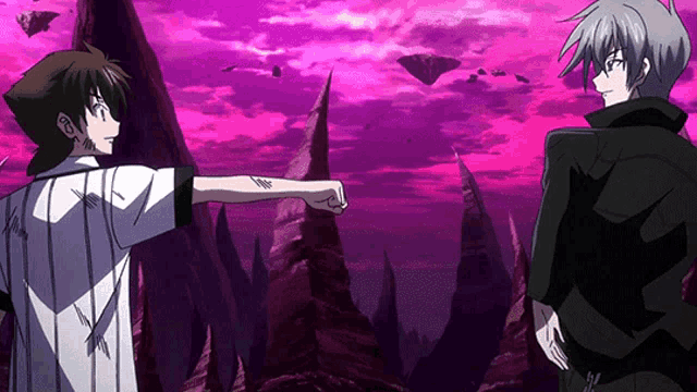 two anime characters standing next to each other with a purple sky behind them