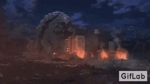 a group of children are standing in front of a monster and a sign that says giflab on it