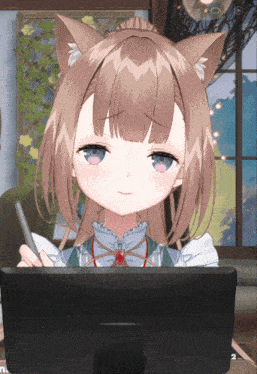 a girl with cat ears holds a pen in front of a monitor