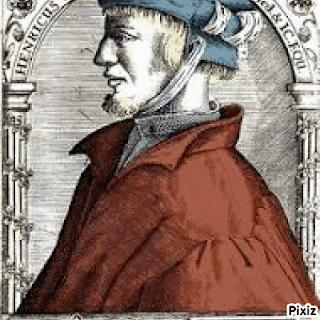 a drawing of a man in a red coat and a blue hat
