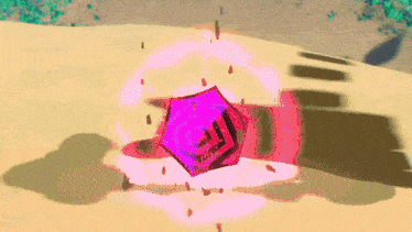 a purple cube with a swirl around it is on a sandy surface
