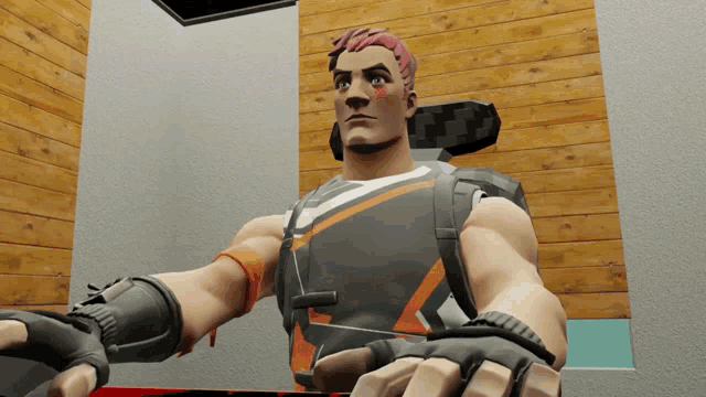 a video game character with red hair and a backpack