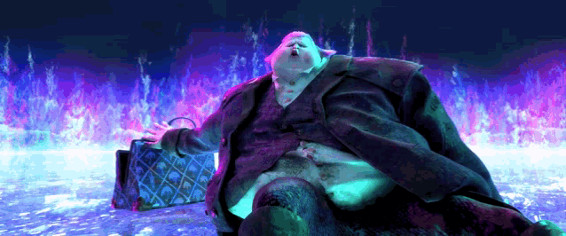 a fat man in a suit is holding a briefcase in front of a purple background
