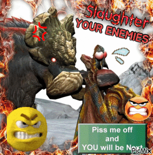 a picture of a monster with a sign that says " piss me off and you will be "