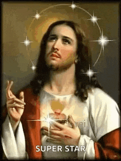 a painting of jesus with a halo of stars around him