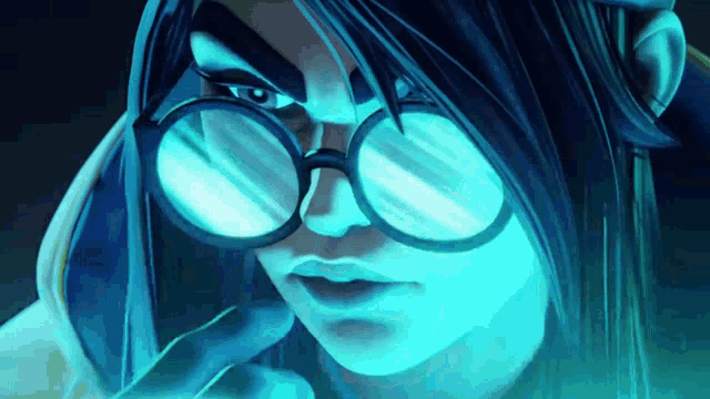 a close up of a person wearing glasses and a blue background
