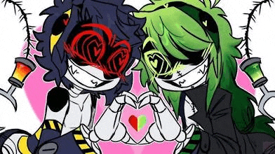 a couple of cartoon characters are making a heart with their hands .