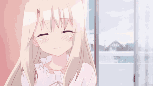a girl with blonde hair is smiling in front of a window with the word risen on the bottom