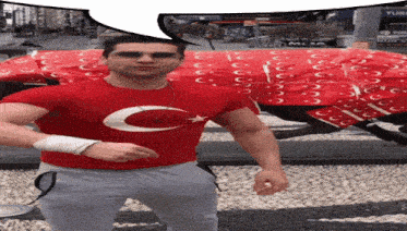 a man wearing a red shirt with a crescent moon and star