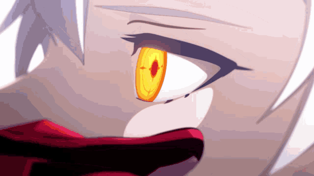 a close up of a cartoon character 's eye with a red pupil