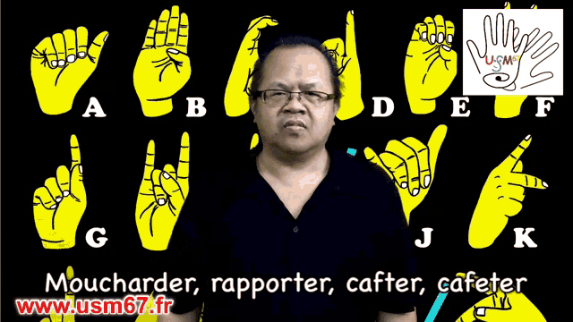 a man wearing glasses stands in front of a sign language poster which says moucharder rapporter cafter cafeter