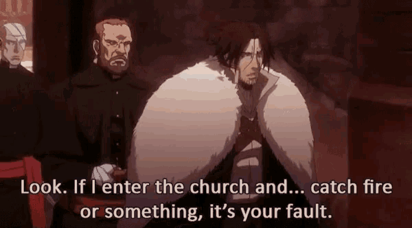a man in a fur coat is talking to another man in a church .