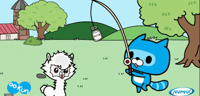 a cartoon of a cat fishing with a bottle of milk hanging from a pole