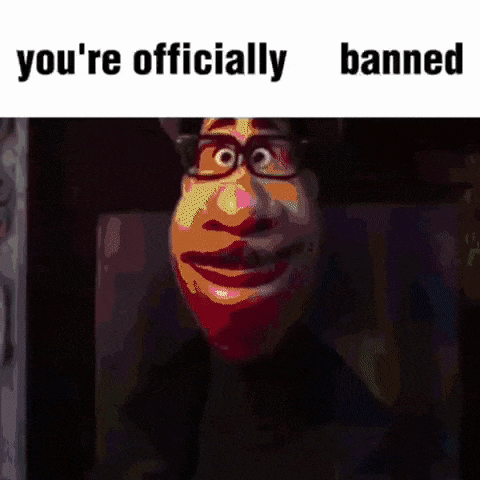 a cartoon character with glasses and a mustache is saying you 're officially banned