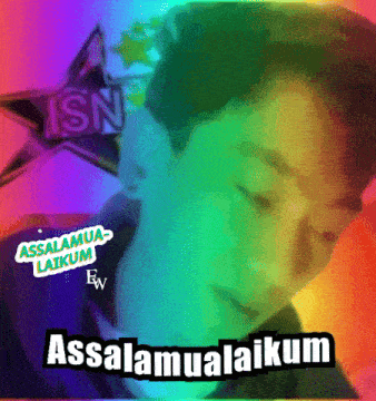 a rainbow colored background with a man 's face and the words assalamua laikum