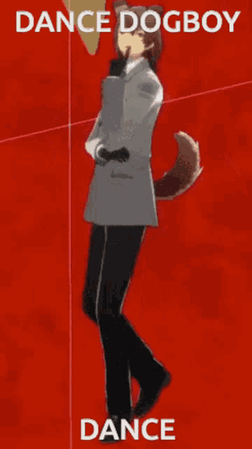 a man in a suit is dancing with the words dance dogboy dance behind him