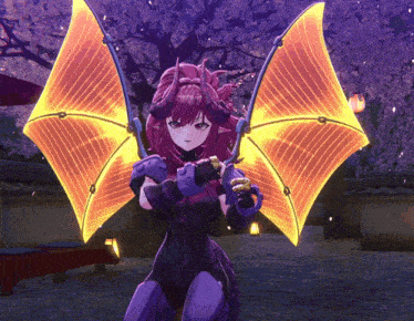 a purple and orange anime character with wings