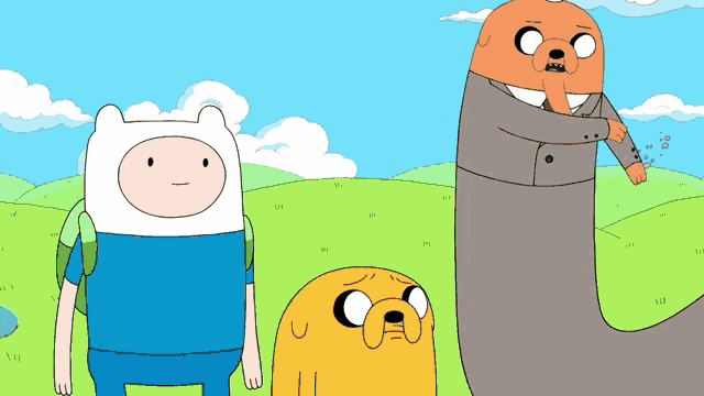 a group of cartoon characters standing in a field