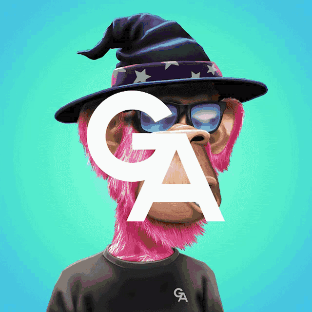 a monkey with pink hair wearing a wizard hat and sunglasses has the letter a above his head