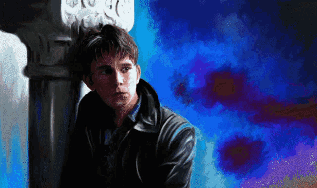 a painting of a man leaning against a pillar with a blue background