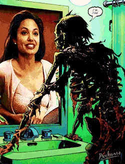 a skeleton with a speech bubble that says " i 'm fine " standing next to a woman