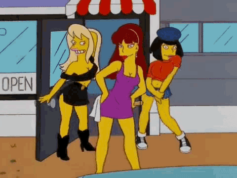 a cartoon of three women standing in front of a store that is open