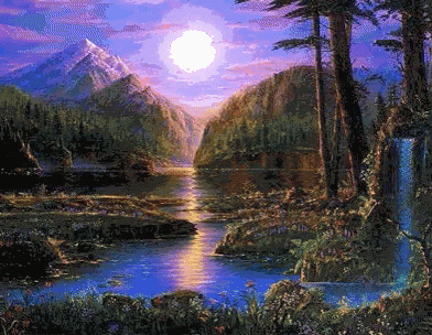 a painting of a river surrounded by mountains