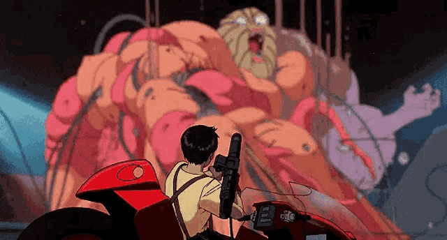 a man is riding a motorcycle and holding a gun in front of a large monster .
