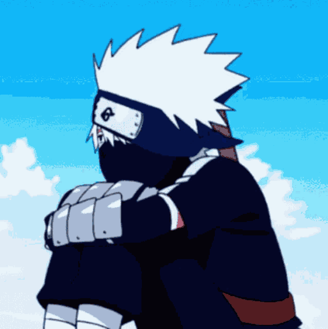 a cartoon character with white hair and a headband with the letter o on it