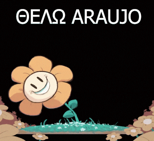 a cartoon drawing of a flower with a smiley face and the word araujo in white letters