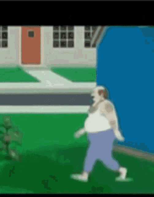 a cartoon of a fat man walking down a sidewalk in front of a house .