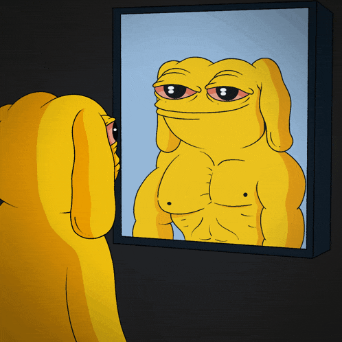 a cartoon dog looking at itself in a mirror