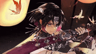 a girl with black hair is holding a sword with a butterfly in the background