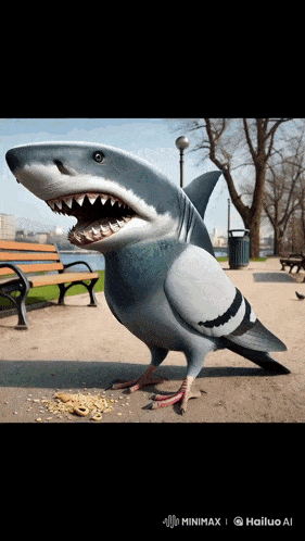 a pigeon that looks like a shark is standing on the ground