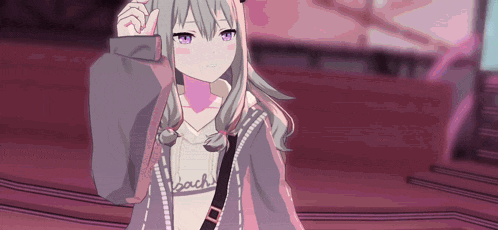 a girl with purple eyes is wearing a purple jacket and a white shirt with the word beach on it .
