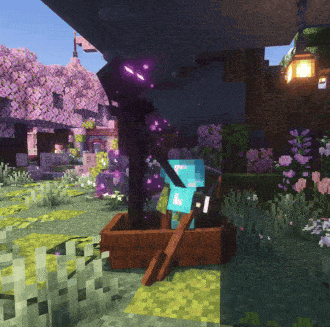 a minecraft scene with a purple glowing sword in a box