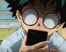 a cartoon character is looking at a cell phone with a surprised expression on his face