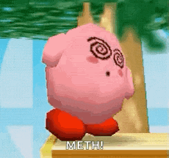 a pink cartoon character with a swirl on his face is standing on a wooden block .