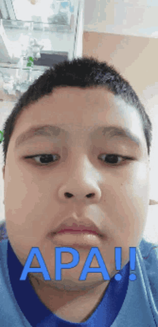 a close up of a boy 's face with the word apa written in blue