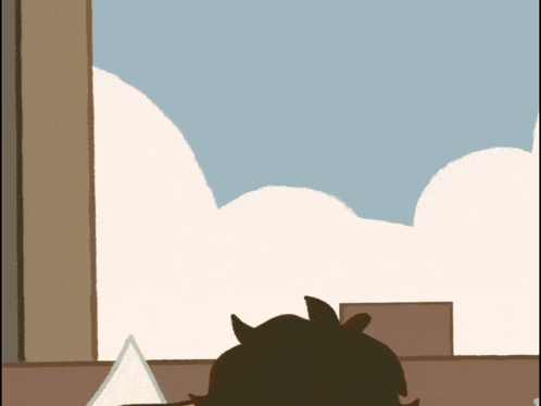 a cartoon drawing of a person looking out a window with clouds in the background