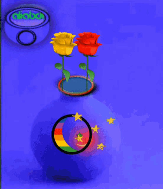 a blue vase with a rainbow crescent moon and stars sits on a blue surface